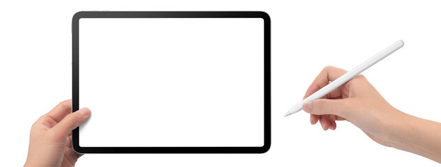 タブレット端末を持ち、タッチペンで入力する手の画像合成用素材