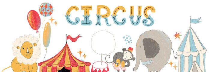 Circus border illustration. Lion, tent, monkey, elephant. Place for text.