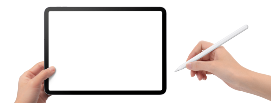 タブレット端末を持ち、タッチペンで入力する手の画像合成用素材