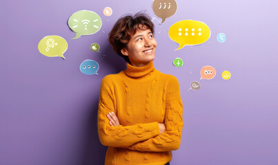 Confident young woman smiling on a purple background