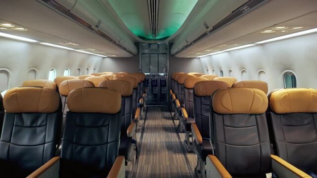 Wide-angle view of a modern airplane cabin with empty leather seats, clean interior, and ambient lighting, ideal for illustrating airline comfort, business class travel, and aviation services.