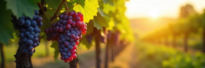 Sun-drenched grapes hang heavy on the vine, ready for the harvest and the creation of delicious grapevine wine A picturesque scene of traditional winemaking , wine production, wine