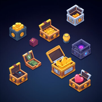 Sci fi boxes icons set. Set of isometric loot boxes containing various rewards, including gold, cash, gems, weapons, and hearts, symbolizing different types of prizes