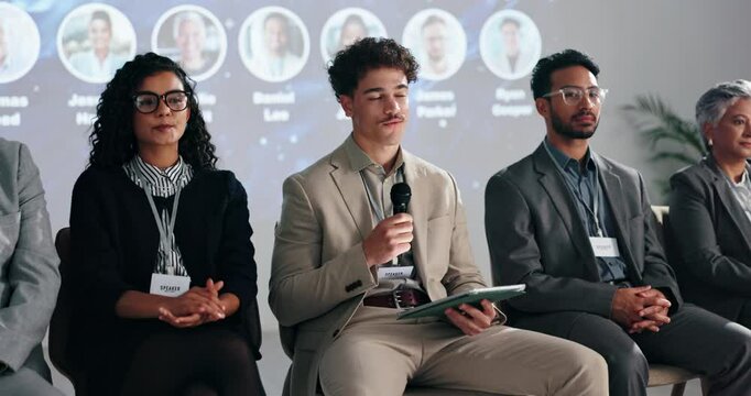 Tablet, speaker or man in panel speech for global economy, awareness forum or finance resources. Presentation, education and people on stage with notes for financial growth, solution or convention