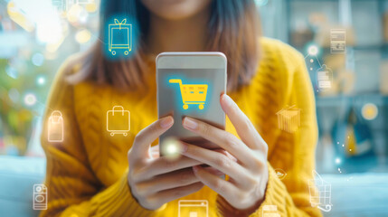 Curly-haired woman with smartphone against shopping icons