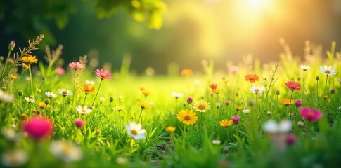 Obraz premium Sun-drenched meadow bursting with vibrant wildflowers and lush green grass, gently swaying in a soft breeze Perfect for spring backgrounds and nature themes , spring, bright, pasture