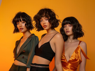 Three stylish women with modern bob hairstyles and bold makeup