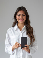 Smiling young woman holding a smartphone in a white shirt