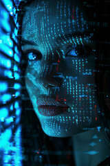 Cyberpunk portrait of a woman with digital code overlay