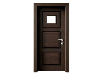 A dark brown wooden door with a square window and silver handle isolated on a black background scene