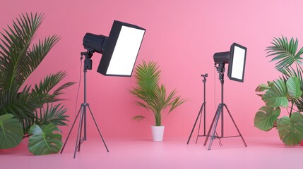 Photography studio set with pink wall tripods and green plants clean editorial creative content space