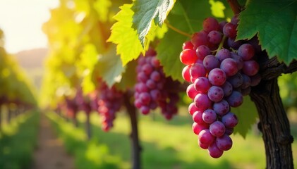 Sunlight streams through leaves onto ripe bunches of grapes hanging heavy on a vine, ready for harvest The scene showcases the abundance of a successful growing season , red, nature, growth