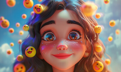 Cartoon girl with big eyes and smiley emojis floating around her.