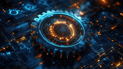 Detailed close up of a gear with intricate circuitry and glowing lights on a dark background