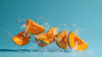 vibrant pumpkin slices amidst a refreshing water splash against a serene blue background. Capture the dynamic motion and freshness
