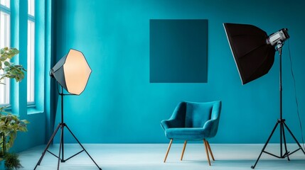 Empty photography studio with blue background lights and furniture editorial production commercial content setup