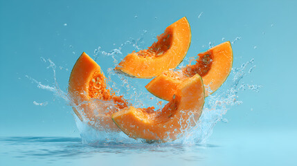 fresh melon slices splash into the water with refreshing drops. This image captures the essence of summer, highlighting the vivid color and refreshing quality of a delicious melon slice