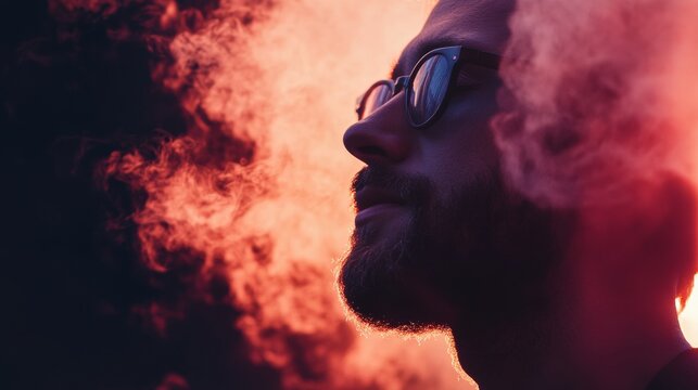 Man inhaling colorful smoke effect profile silhouette red glow artistic editorial conceptual fashion style