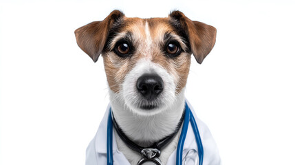 a cute dog in a medical coat and stethoscope looking directly at the camera, evoking a sense of care and professionalism