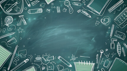 
A dark green chalkboard background is framed by hand-drawn white line art doodles of school supplies and stationery items. The center is empty, surrounded by learning related illustrations.
