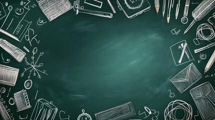 
A dark green chalkboard background is framed by hand-drawn white line art doodles of school supplies and stationery items. The center is empty, surrounded by learning related illustrations.