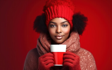 Smiling woman in red scarf and gloves holding a warm cup