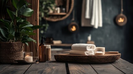 Spa wellness scene with wooden table towels candles and natural accessories editorial lifestyle calm image