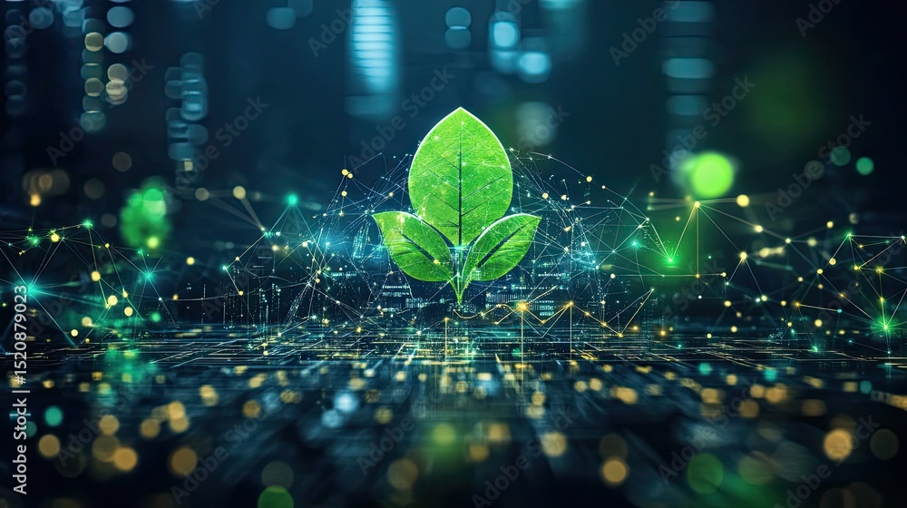 Poster green leaves symbol on digital network with glowing dots and lines in a dark background