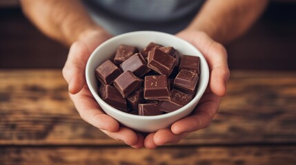 Hands holding bowl of chocolate squares wooden background editorial food sweet indulgence concept image