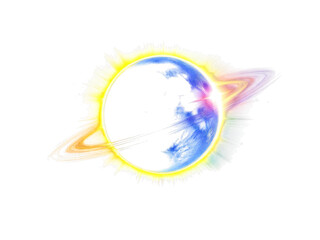 A luminous planet with a bright yellow ring and tail against a stark black background design element