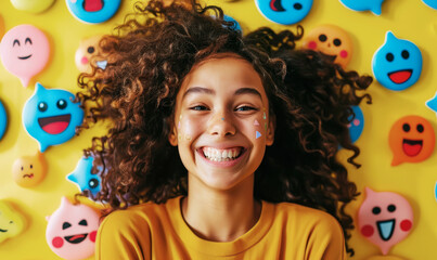 Curly-haired girl smiles with colorful stickers and emojis