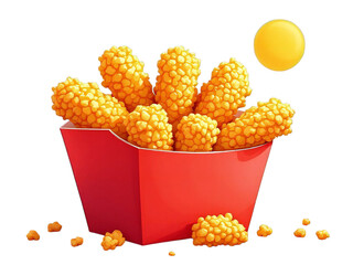 A red container filled with golden fried chicken tenders against a black background with a yellow circle