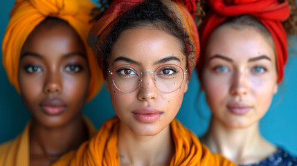 Diverse women with colorful head wraps, vibrant background