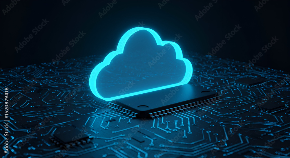 Poster neon blue cloud icon atop a circuit board. abstract, futuristic depiction of cloud computing. engine