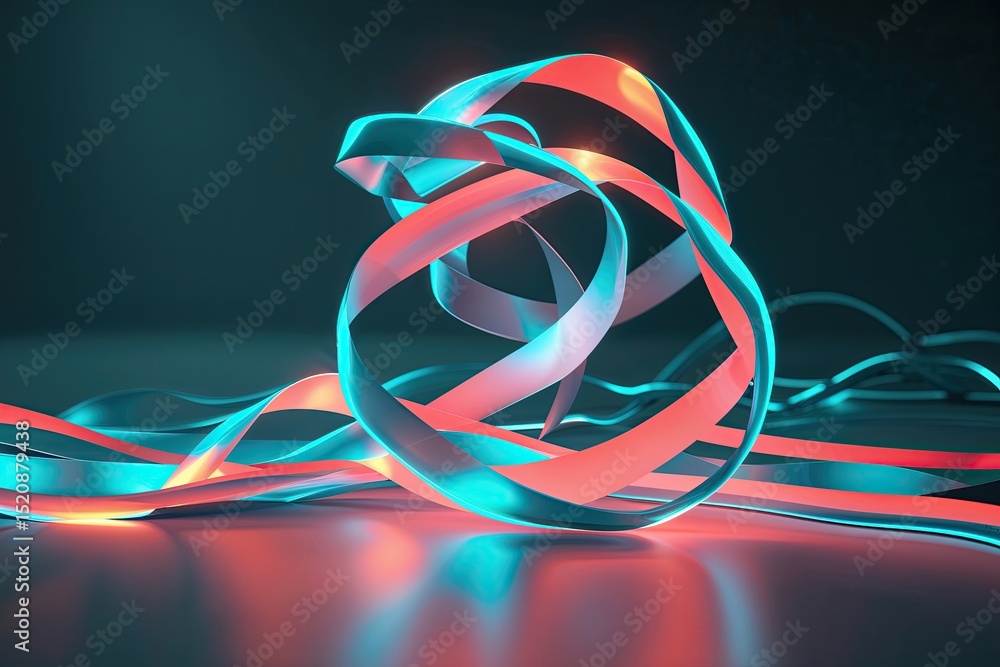 Poster pulsing illuminated ribbons intertwining in cerulean coral tones on a shadowy background representin
