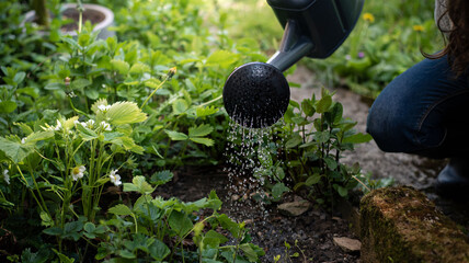 A woman gently waters young plants in her garden during a sunny afternoon. A scene of calm, care, and sustainability.