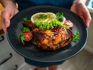 Woman holding plate with oven roasted chicken leg with lemon and greens. Close-up of plate with food