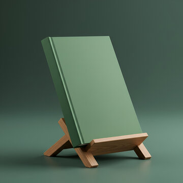 Sage green book resting on a wooden bookstand in a muted green studio setting. Blank book cover displays an unadorned surface, showcasing the bookstand. Mockup for publishing.