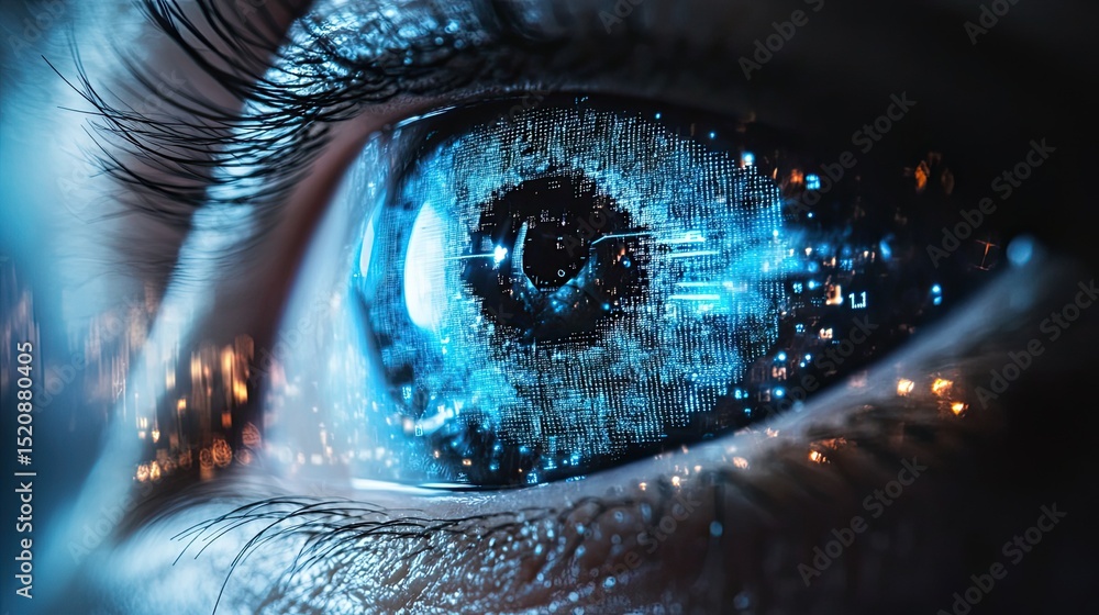 Poster close up of a digital eye with blue light and data patterns reflecting in the iris detail