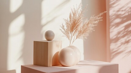 Minimal decor set with sphere and dried flowers in sunlight editorial shadow play clean layout image