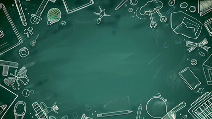 
A dark green chalkboard background is framed by hand-drawn white line art doodles of school supplies and stationery items. The center is empty, surrounded by learning related illustrations.