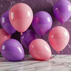 Pink and purple balloons on a marble surface against a purple background. Colorful balloons in various positions and sizes, create a celebratory and festive scene.