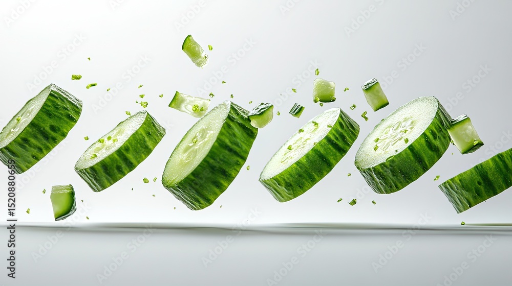 Aufkleber sliced cucumbers floating in the air with small pieces of cucumber around on a white background
