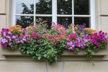 Fototapeta premium Vibrant Flower Boxes Adorning a Charming Home Front. A Summer Garden Delight with Colorful Blooms on a French-Style Terrace