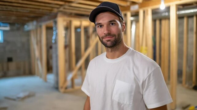 Confident man white t shirt and baseball cap standing unfinished basement with wooden framing, construction site, casual and smiling young adult showing positive mood and satisfaction during home
