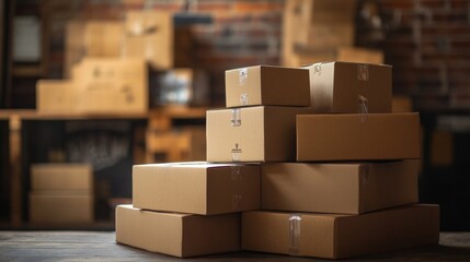 Stack of cardboard boxes warehouse editorial packaging shipping delivery logistics business image