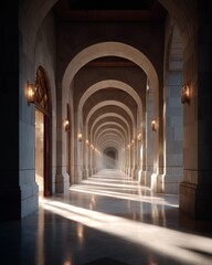 Fototapeta premium Perfectly symmetrical architectural corridor with repeating archways