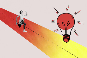 Creative full art collage of happy purposeful girl run path light bulb idea finding concept...