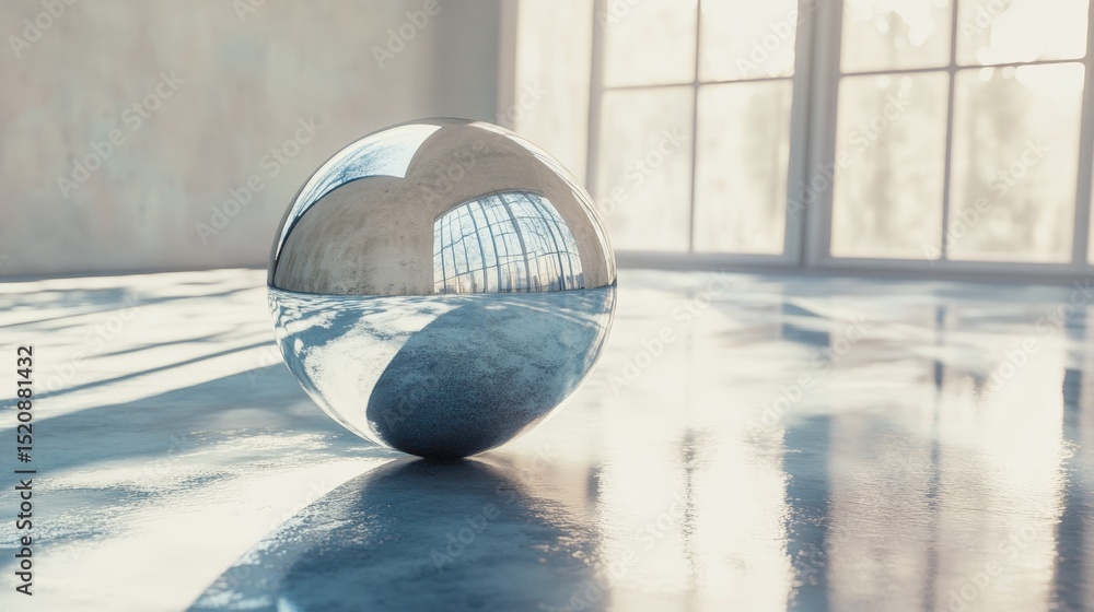 Poster glass sphere on reflective floor with window background minimal conceptual design clarity image