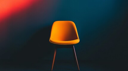 Minimalist yellow chair in dramatic colorful lighting and dark background